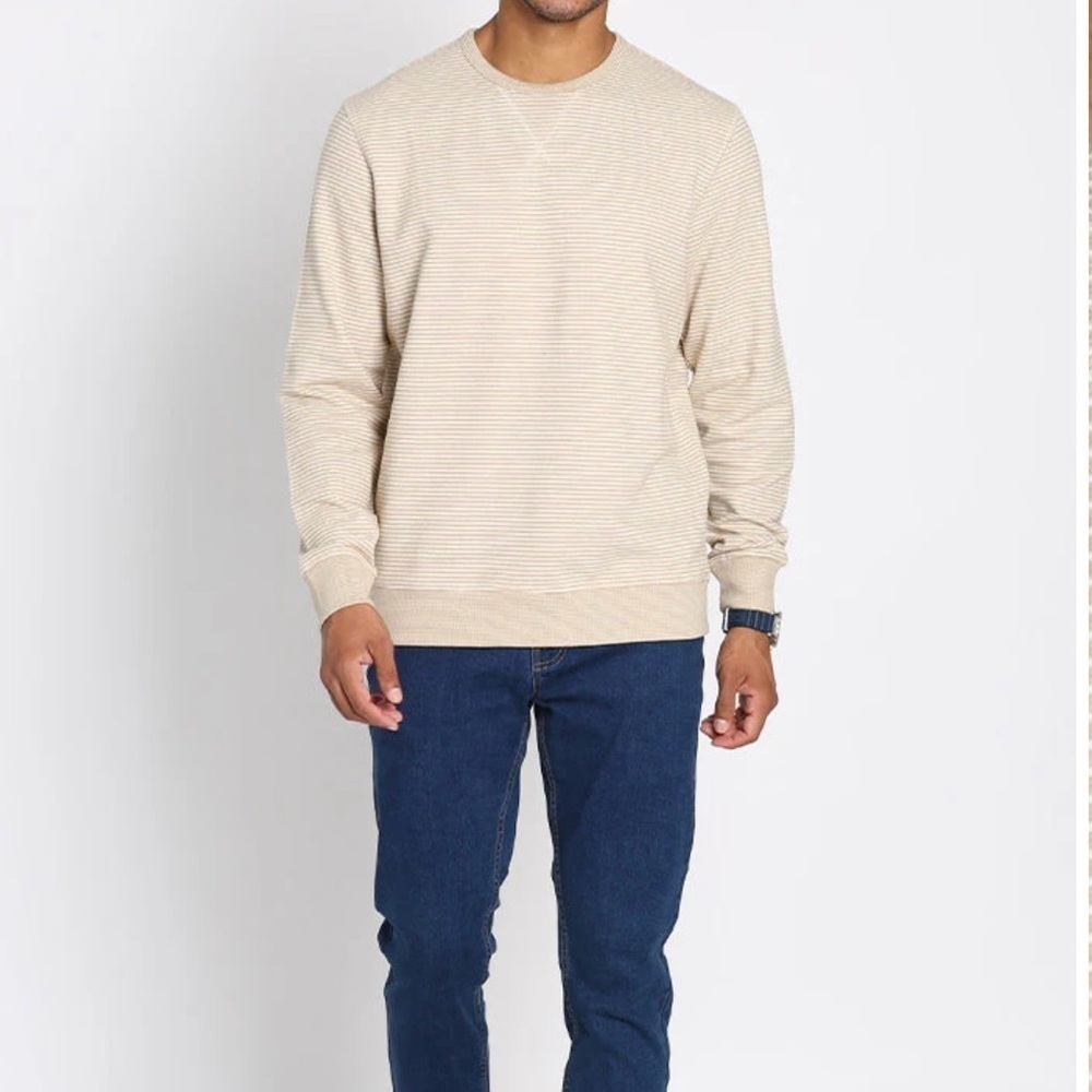 Jach’s Striped Crewneck Sustainable Fleece Tan & White Neutral Cozy Size XXL